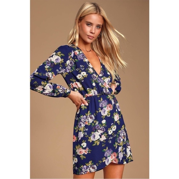 Lulus Dresses & Skirts - Lulu’s That’s A Wrap Navy Blue Floral Print Dress Honey Punch
